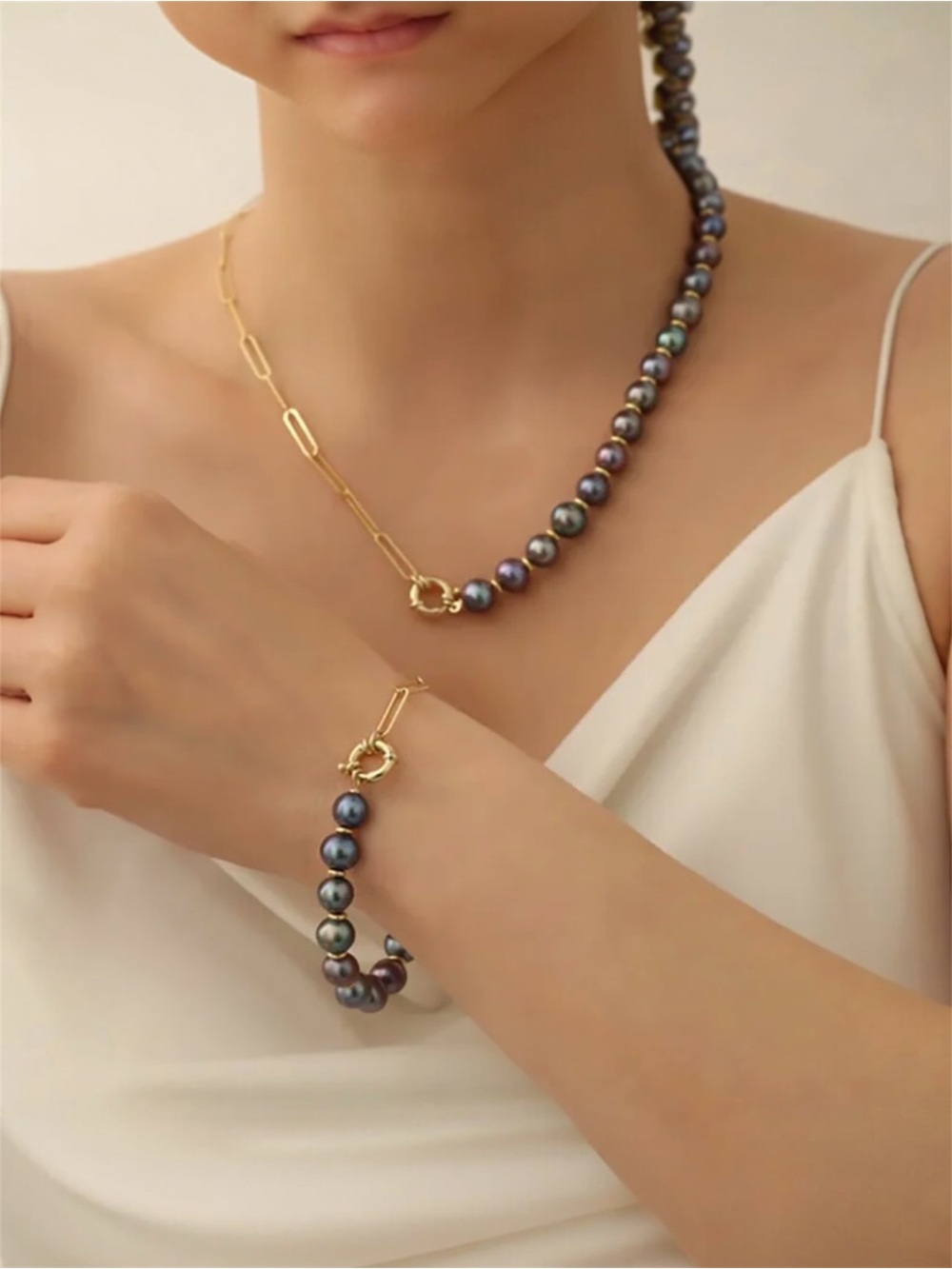 Iridescent Bead Paperclip Toggle Necklace & Bracelet Set NWT Gold Plated PVD